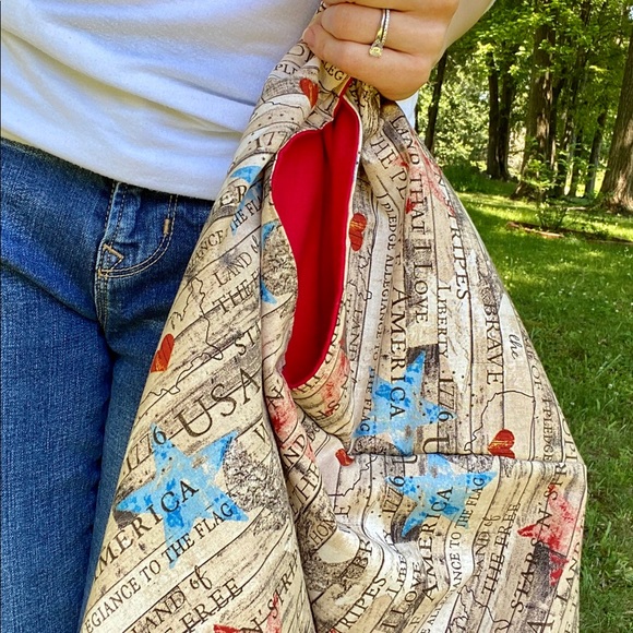 Slouchy Shoulder Bag, Patriotic Print, Handmade - Picture 4 of 9